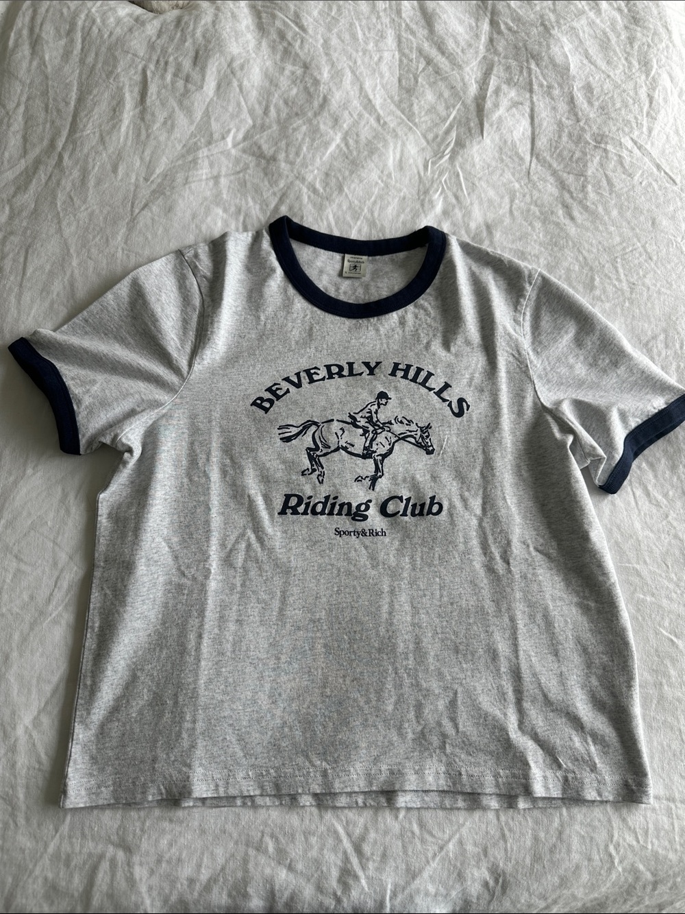 Sporty & Rich Gray Ringer Tee with Navy Logo